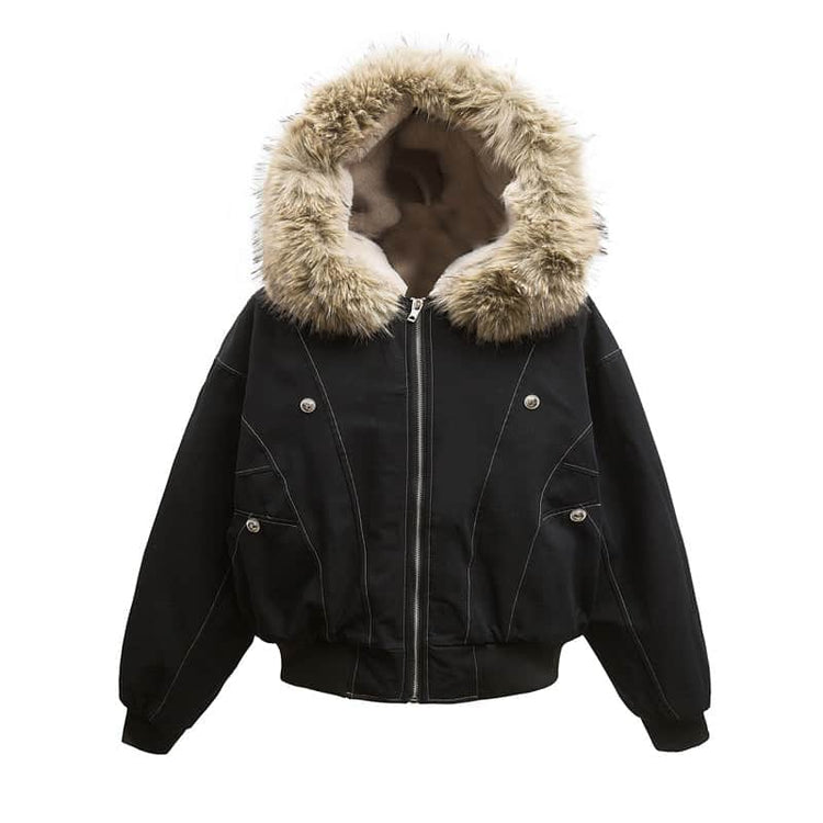 High Street Line Splicing Fur Collar Hood Cotton Coat Jacket BadAssWear.fi