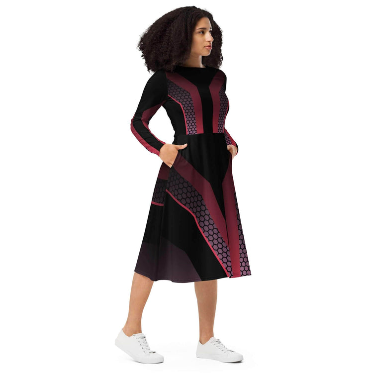 Futuristic midi dress with long sleeves in black and red, featuring a flattering cut and pockets for modern style.