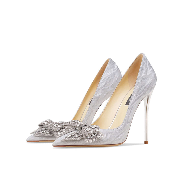 Genuine Leather Rhinestone Silver Bow High Heels BadAssWear.fi