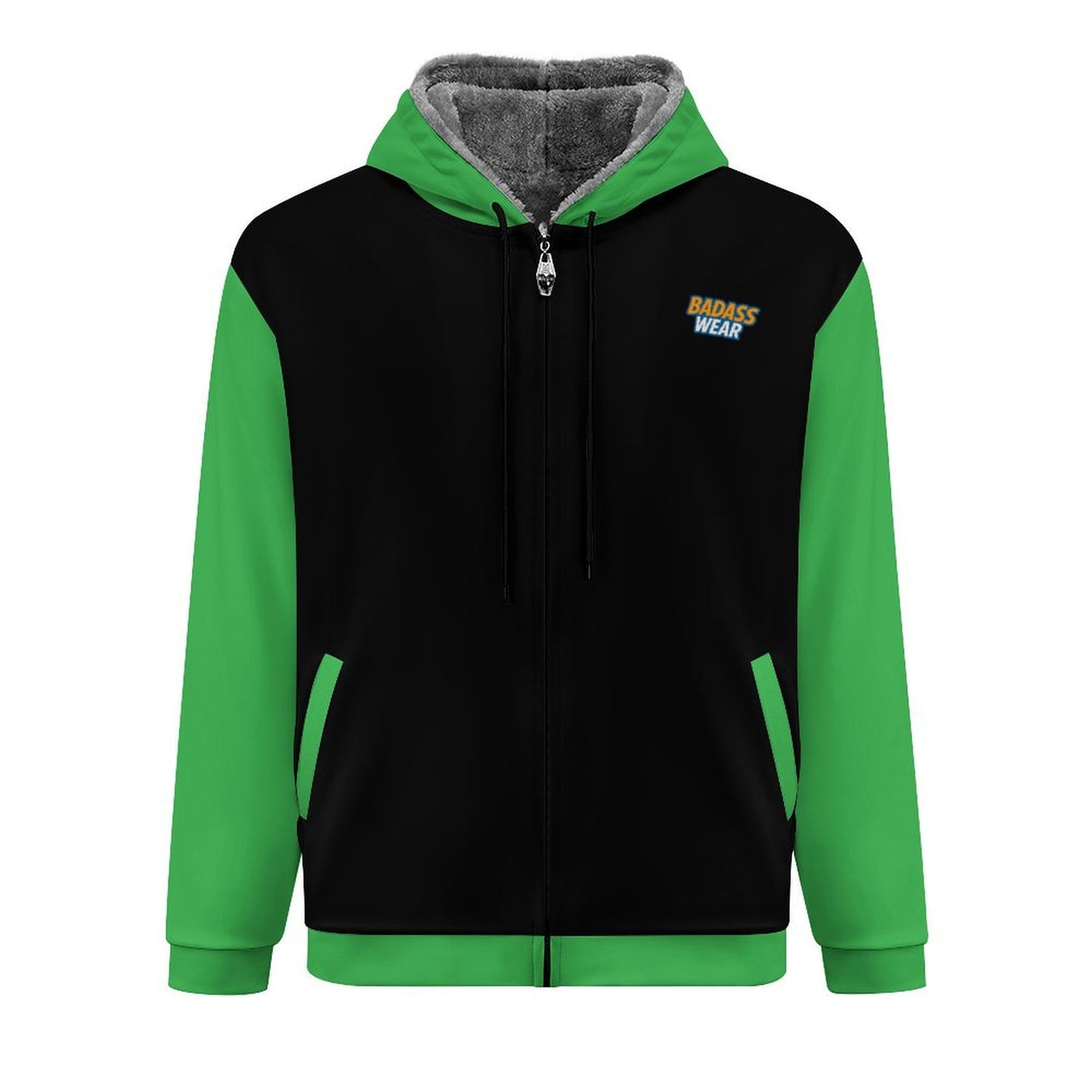 Men's Double Layer Fleece Zippered Hoodie Black & green