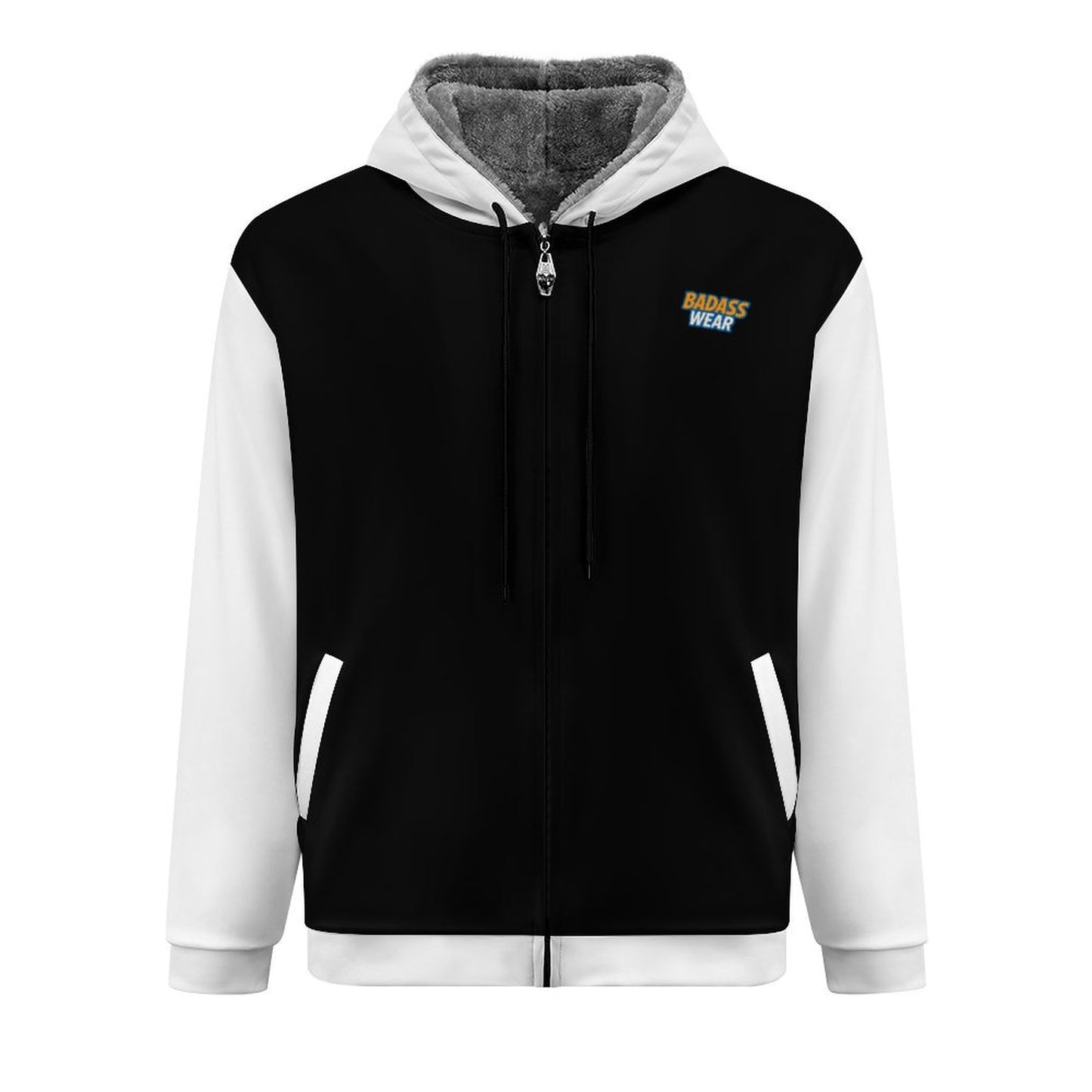 Men's Double Layer Fleece Zippered Hoodie Classic Black & white