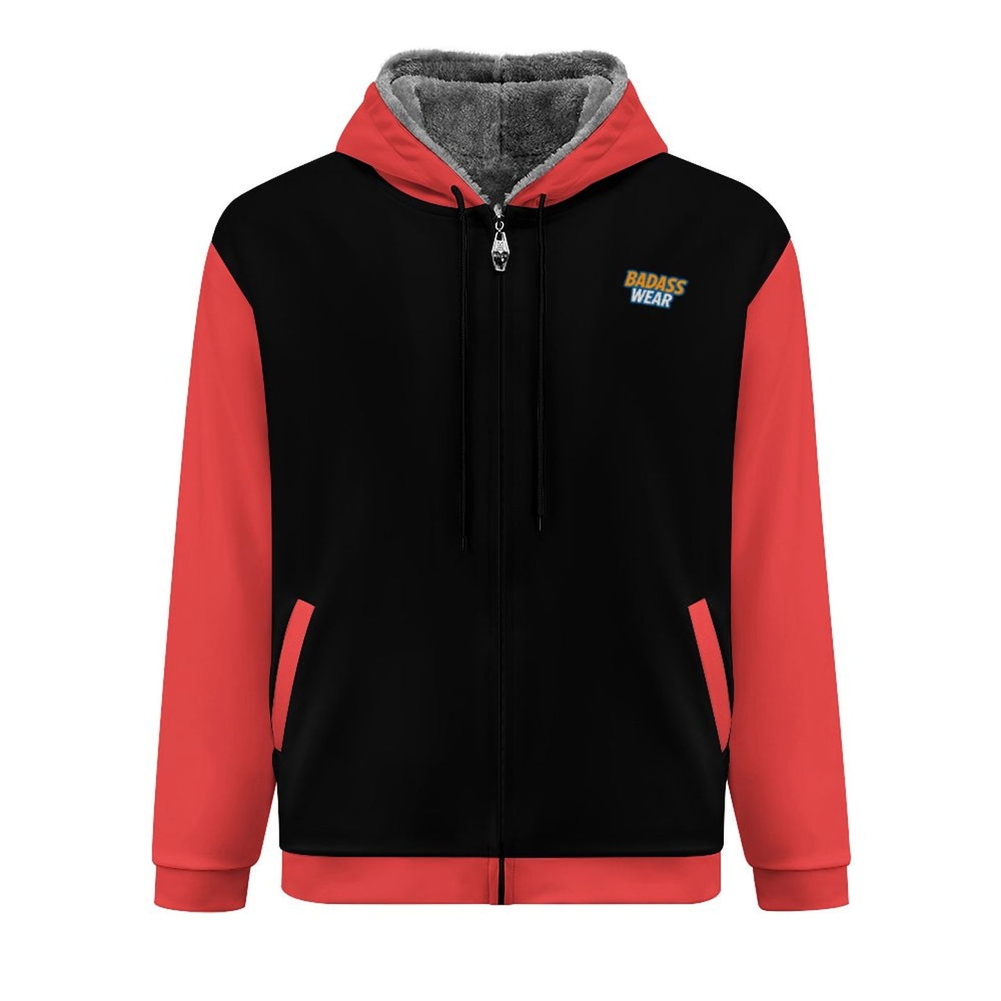 Men's Double Layer Fleece Zippered Hoodie Black Red