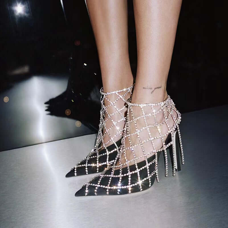 Women's Rhinestone Mesh Pointed Toe High Heels BadAssWear.fi