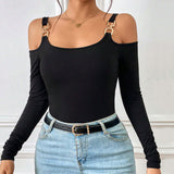 Women's Spring And Summer Fashion Simple Suspender Off-Shoulder Metal Hook Long-Sleeved Sexy Top BadAssWear.fi