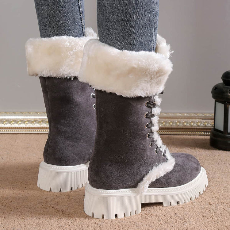 Winter Lace-up Snow Boots For Women Mid-tube Fleece Shoes Warm Chunky Heels Plush Boot null