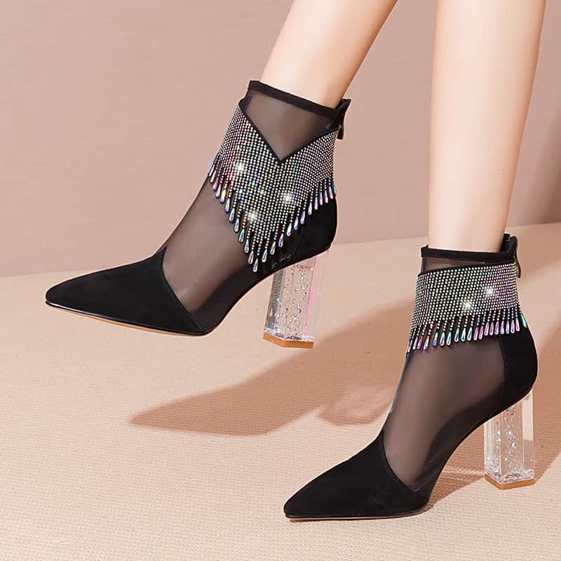 Women's New Leather Mesh Hollow High-heeled Short Sandals BadAssWear.fi