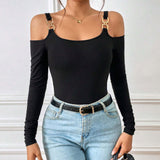 Women's Spring And Summer Fashion Simple Suspender Off-Shoulder Metal Hook Long-Sleeved Sexy Top BadAssWear.fi