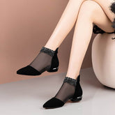 Soft Leather Flat Heel Net Boots Women&