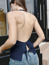 Women's Versatile Chic Halter Neck Front Knot Sleeveless Top Artsadd