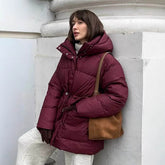 Wine Red Hooded Cotton Jacket Lace-up Waist Zipper Bread Thermal Cotton-padded Coat BadAssWear.fi