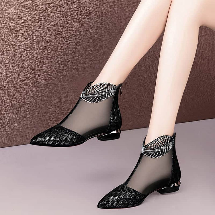 Soft Leather Flat Heel Net Boots Women&
