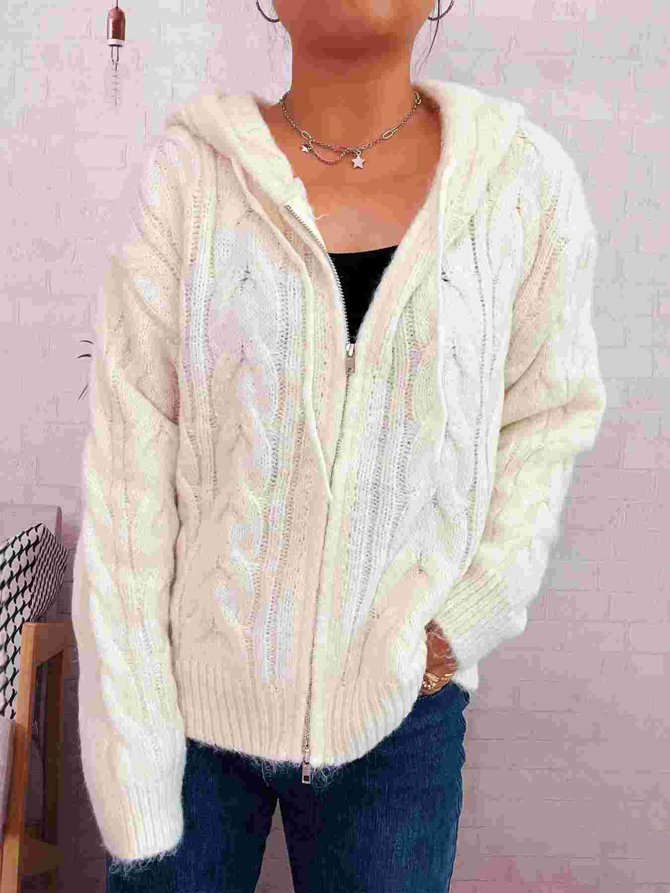 Women's Cable Knit Hooded Zip-Up Cardigan BadAssWear.fi