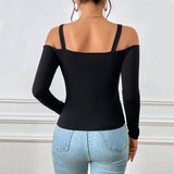 Women's Spring And Summer Fashion Simple Suspender Off-Shoulder Metal Hook Long-Sleeved Sexy Top BadAssWear.fi
