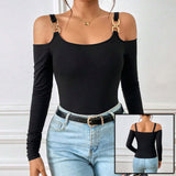 Women's Spring And Summer Fashion Simple Suspender Off-Shoulder Metal Hook Long-Sleeved Sexy Top BadAssWear.fi