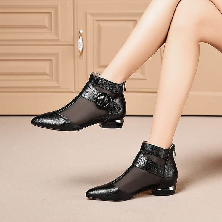 Soft Leather Flat Heel Net Boots Women&