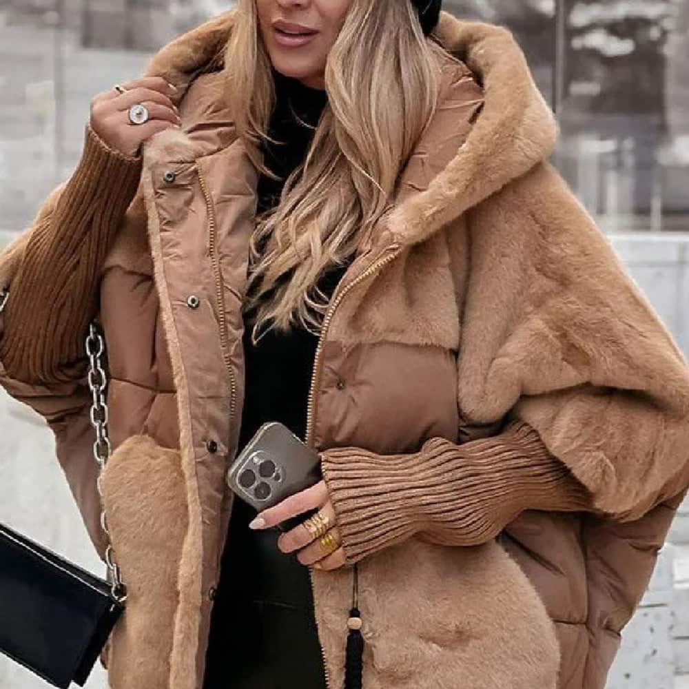 Women's Loose Cotton Coat Faux Fur Patchwork Winter Coat Comfort Chic Long Sleeve Hooded Jacket BadAssWear.fi