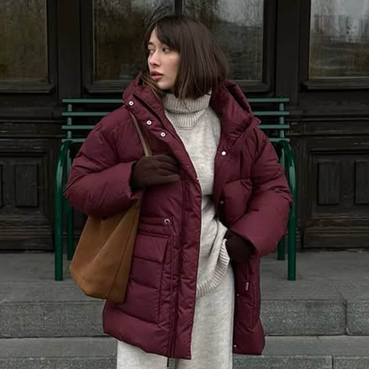 Wine Red Hooded Cotton Jacket Lace-up Waist Zipper Bread Thermal Cotton-padded Coat BadAssWear.fi