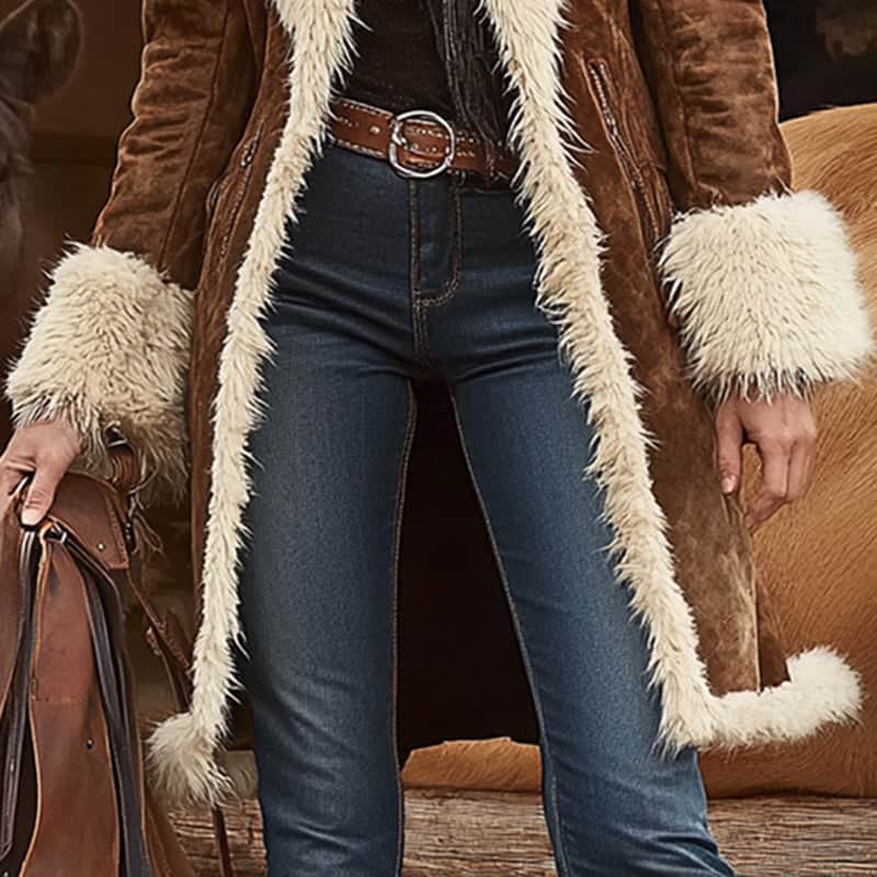 Vintage Women's Long Plush Coat With Fur Collar, Winter Warm Thick Trench Jacket For Formal & Casual BadAssWear.fi