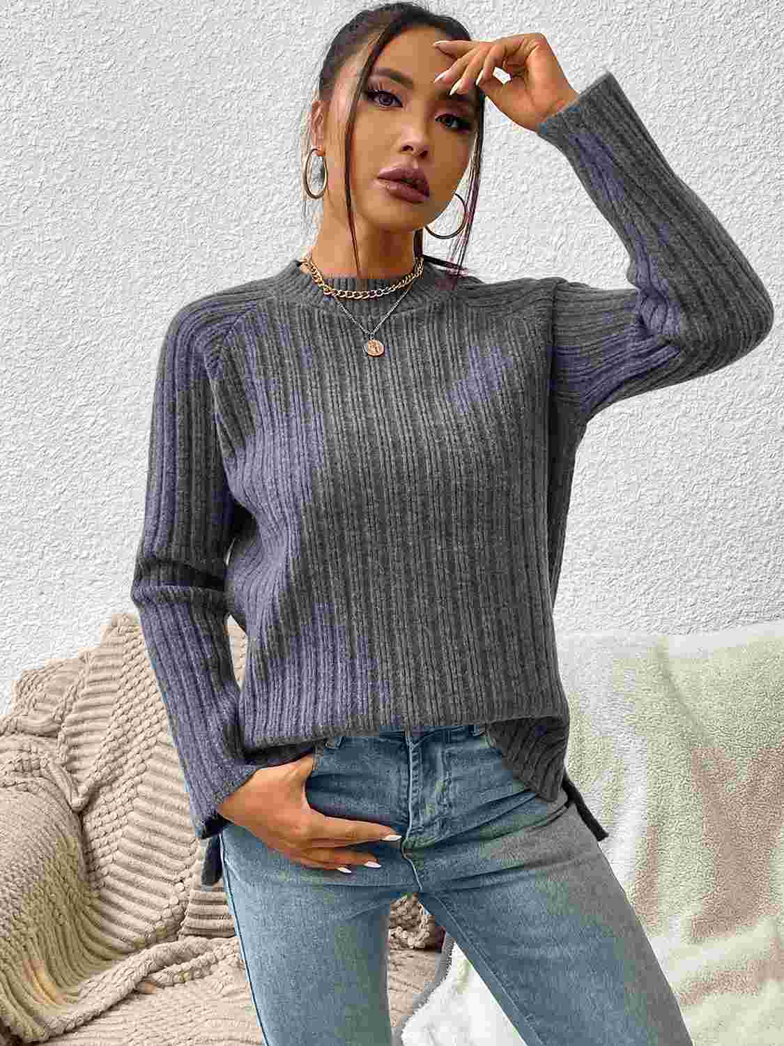 Round Neck Ribbed Raglan Sleeve Sweater BadAssWear.fi
