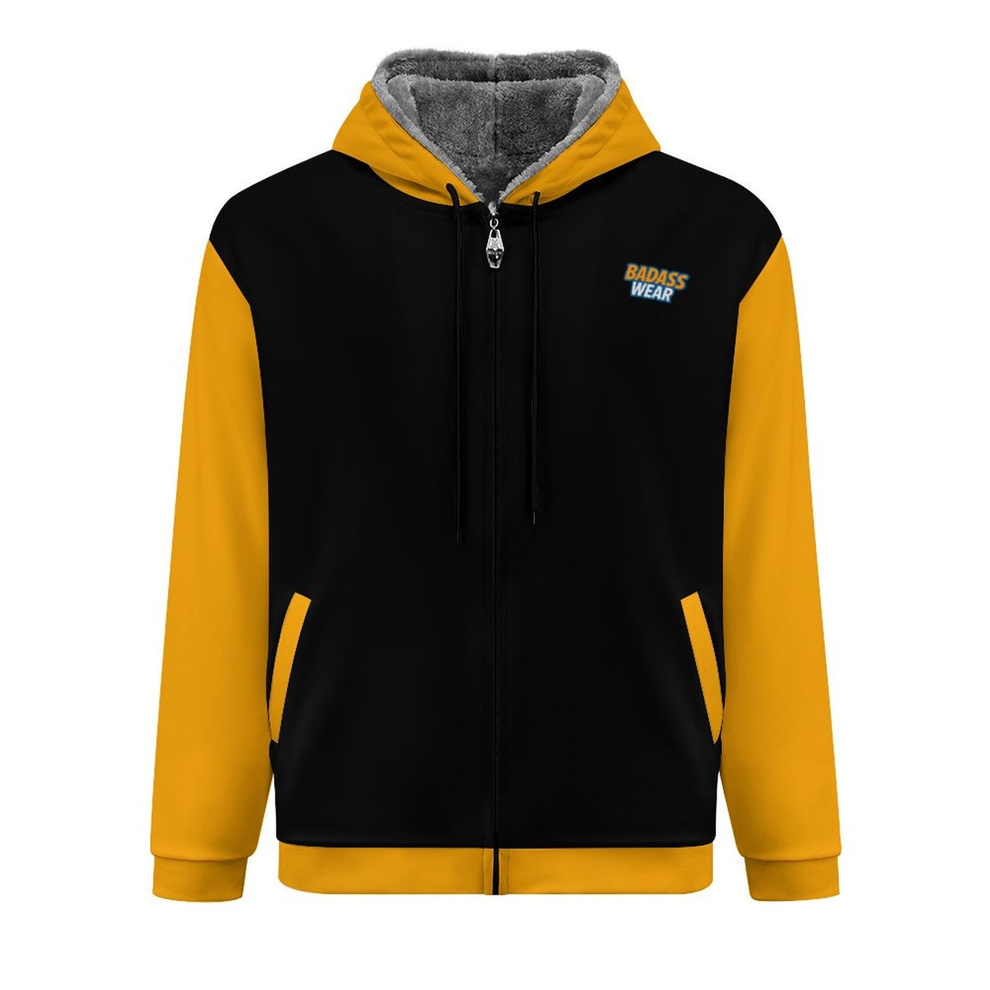Men's Double Layer Fleece Zippered Hoodie Black & Yellow