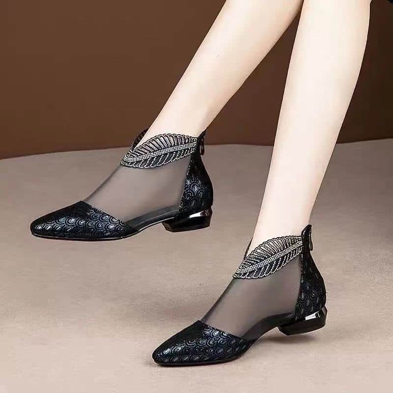 Soft Leather Flat Heel Net Boots Women&