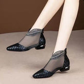 Soft Leather Flat Heel Net Boots Women&