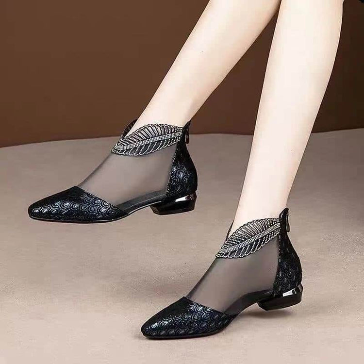 Soft Leather Flat Heel Net Boots Women&