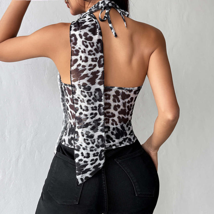 Womens Leopard-Print Printed Cami Top With Built-in Pads And Halter Neck Ties BadAssWear.fi