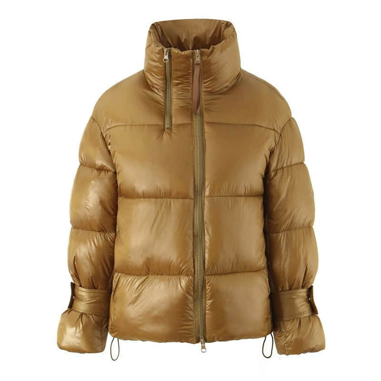 Golden Stand-up Collar Double Zipper Puffer Coat For Women BadAssWear.fi