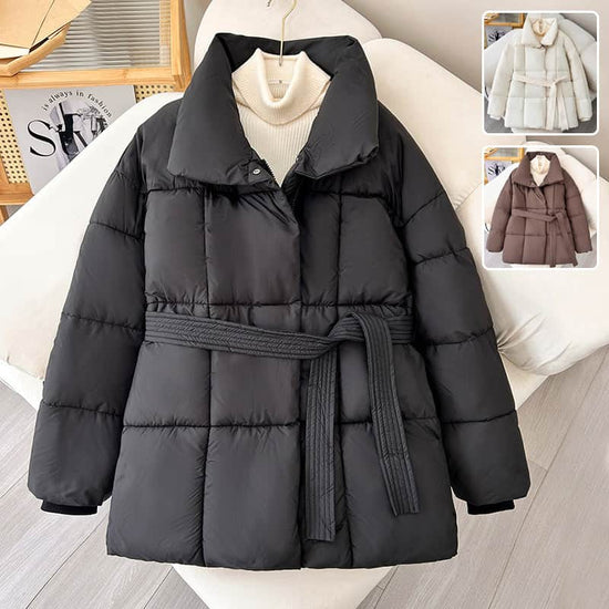 Warm Lapel Plaid Coat With Belt Design Fashion Casual Thick Jacket Fall And Winter Women&