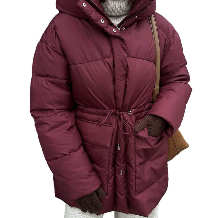 Wine Red Hooded Cotton Jacket Lace-up Waist Zipper Bread Thermal Cotton-padded Coat BadAssWear.fi