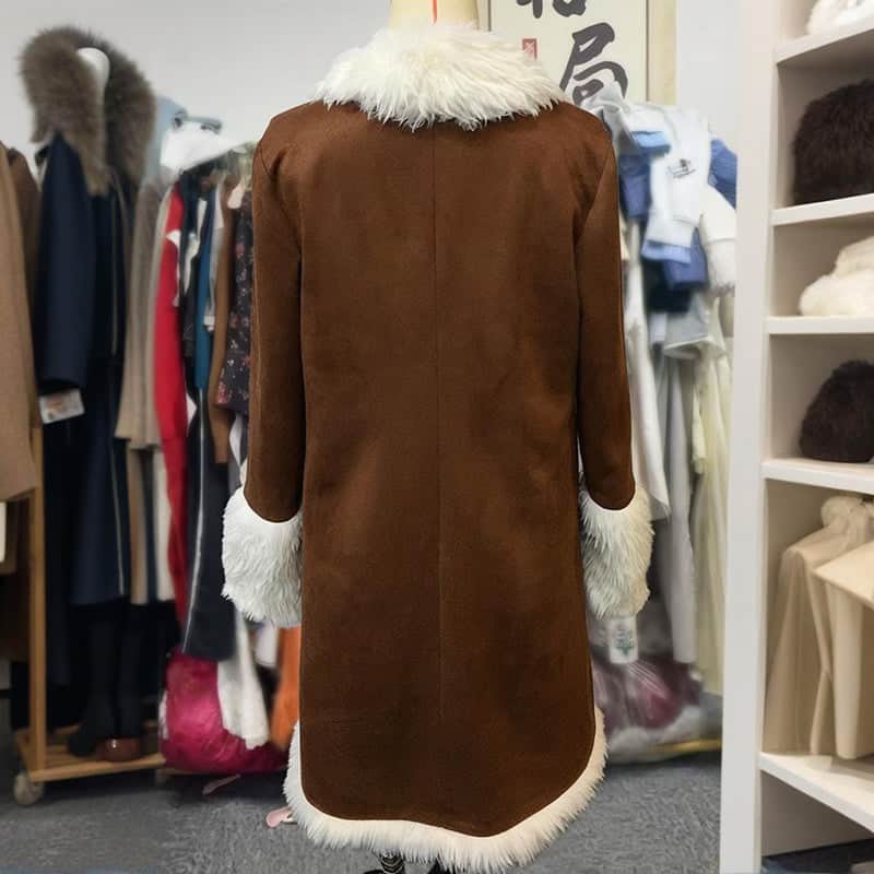 Vintage Women's Long Plush Coat With Fur Collar, Winter Warm Thick Trench Jacket For Formal & Casual BadAssWear.fi