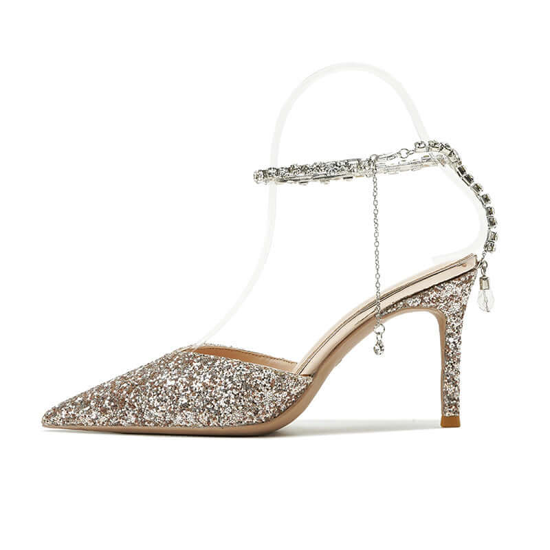 Minimalist Pointed-Toe Heels with Crystal Ankle Strap