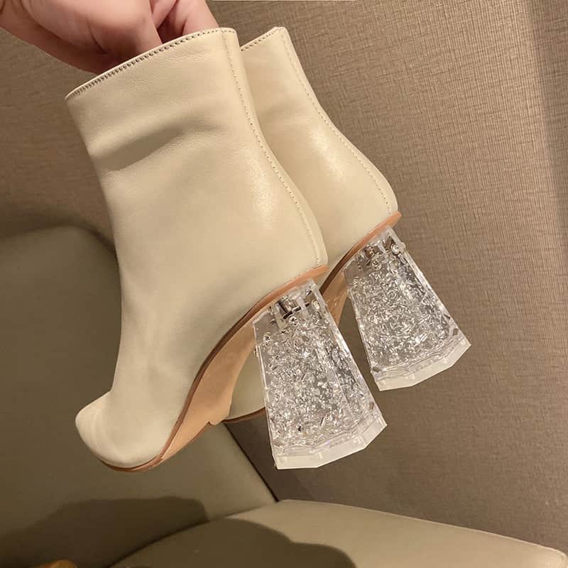Pointed Toe Short Boots Women Crystal Thick Heel High Heel Retro Boots Single Boots BadAssWear.fi