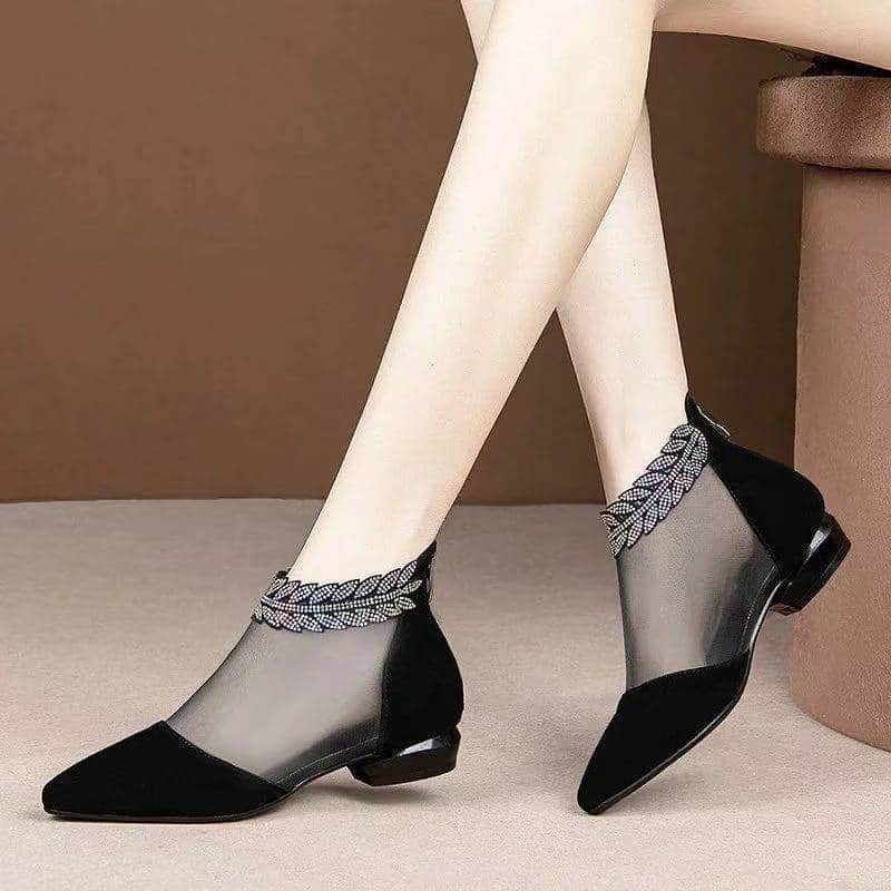 Soft Leather Flat Heel Net Boots Women&