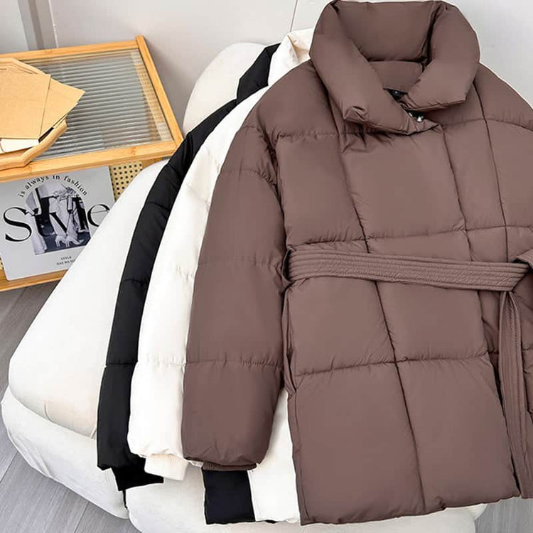 Warm Lapel Plaid Coat With Belt Design Fashion Casual Thick Jacket Fall And Winter Women&