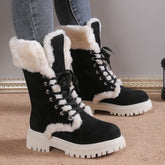 Winter Lace-up Snow Boots For Women Mid-tube Fleece Shoes Warm Chunky Heels Plush Boot null