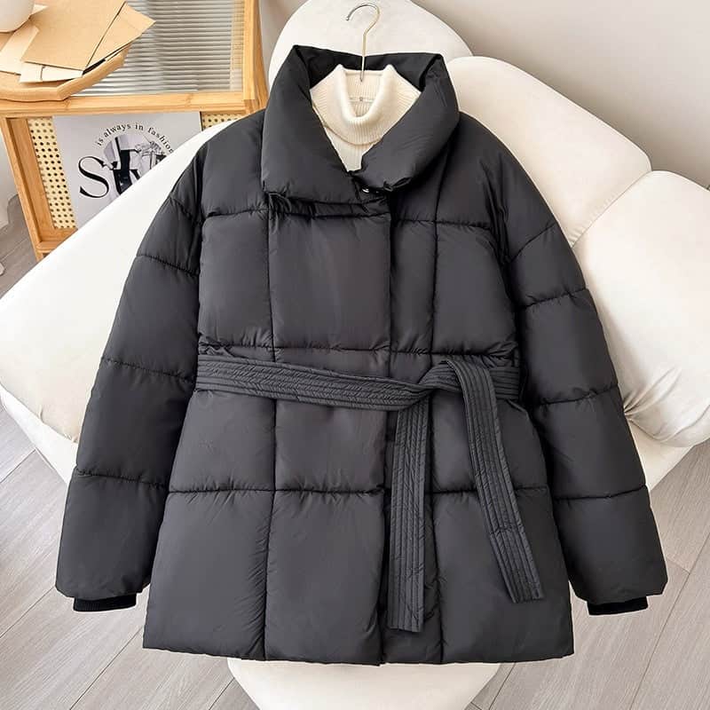 Warm Lapel Plaid Coat With Belt Design Fashion Casual Thick Jacket Fall And Winter Women&