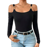 Women's Spring And Summer Fashion Simple Suspender Off-Shoulder Metal Hook Long-Sleeved Sexy Top BadAssWear.fi