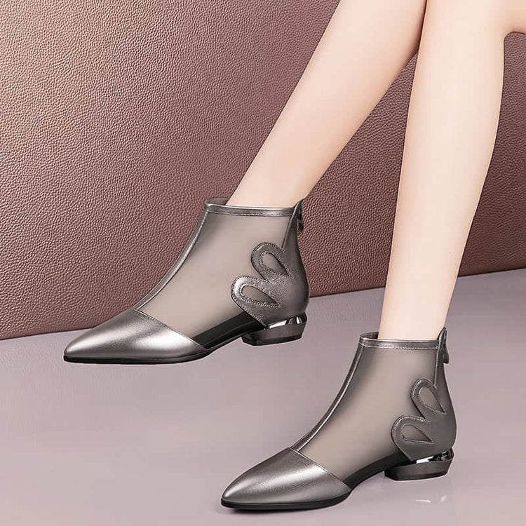 Soft Leather Flat Heel Net Boots Women&