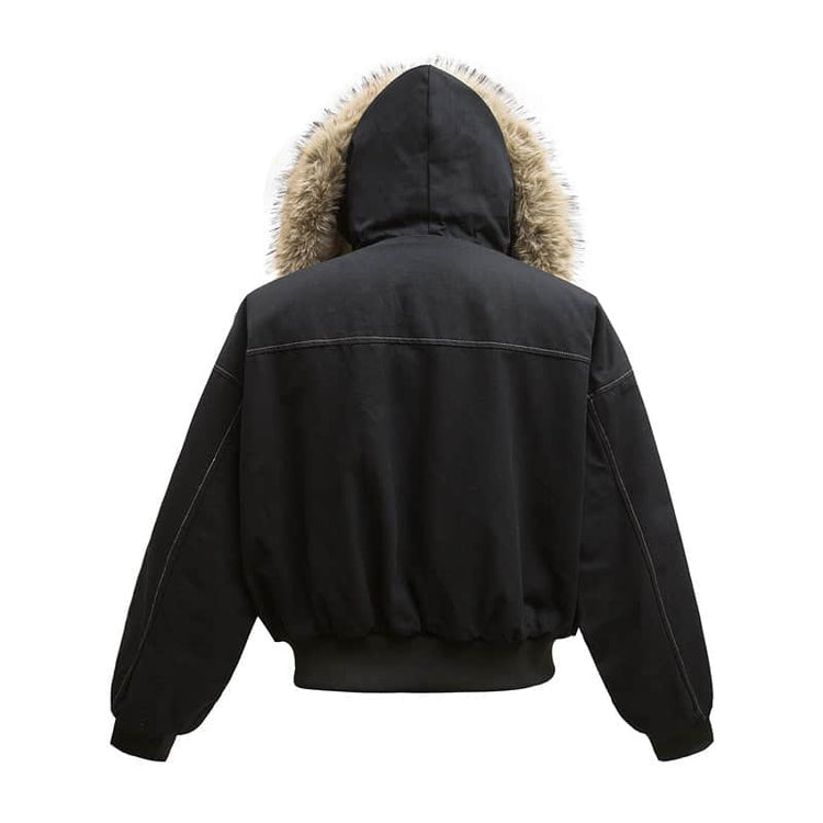 High Street Line Splicing Fur Collar Hood Cotton Coat Jacket BadAssWear.fi