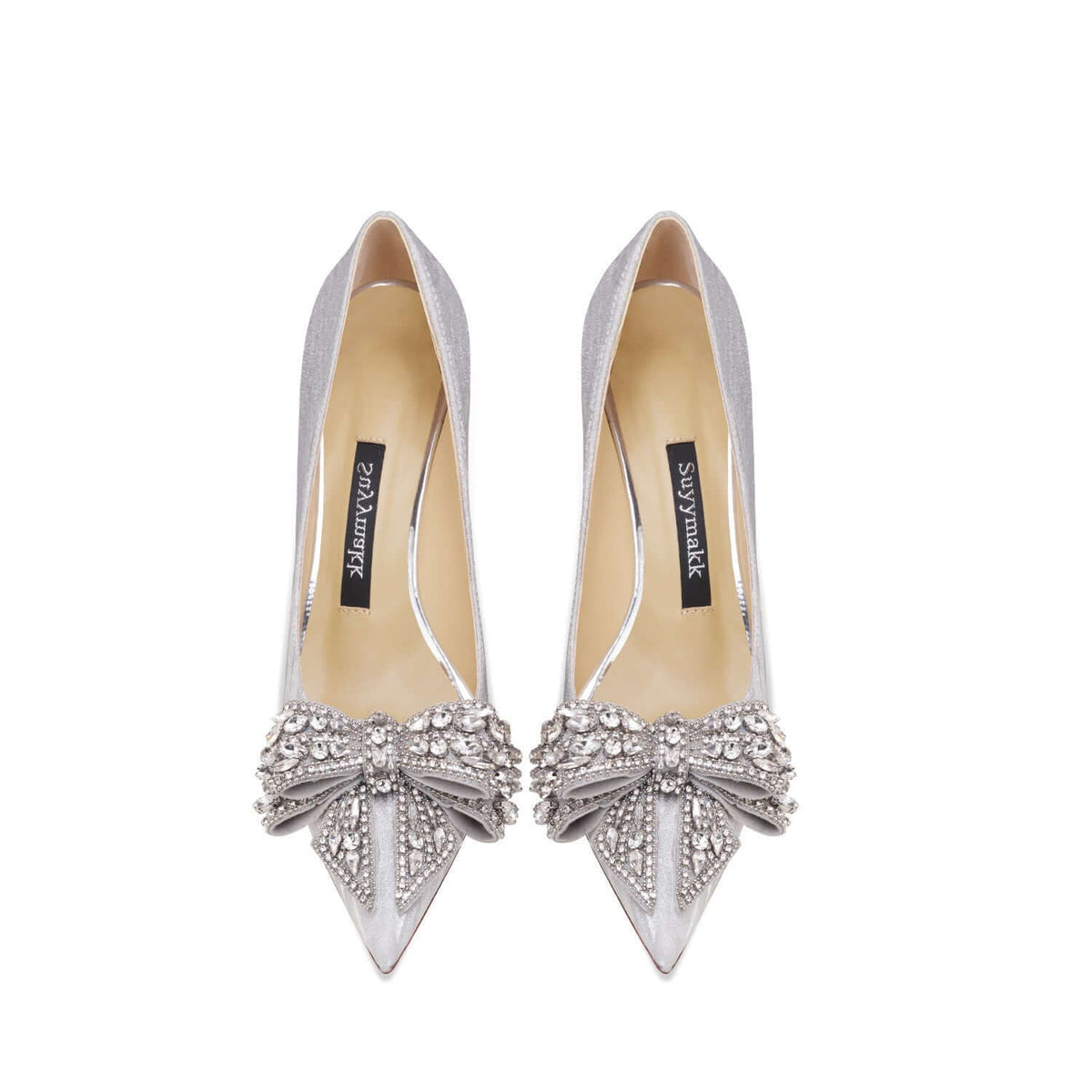 Genuine Leather Rhinestone Silver Bow High Heels BadAssWear.fi