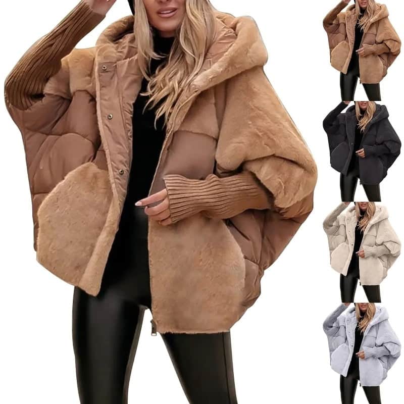 Women's Loose Cotton Coat Faux Fur Patchwork Winter Coat Comfort Chic Long Sleeve Hooded Jacket BadAssWear.fi