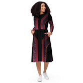 Futuristic long-sleeve midi dress in black and red with urban styling, featuring pocket design, perfect for bold fashion choices.