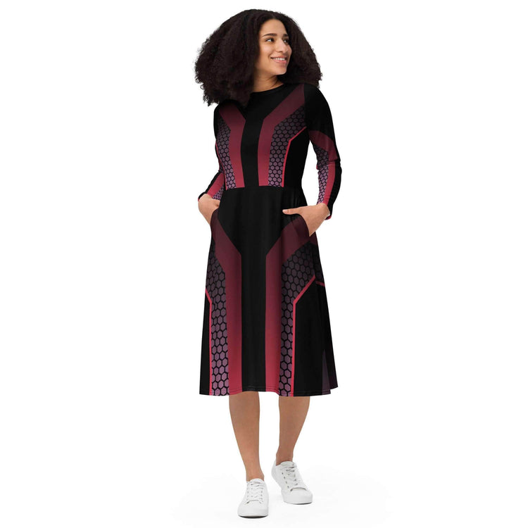 Futuristic long-sleeve midi dress in black and red with urban styling, featuring pocket design, perfect for bold fashion choices.
