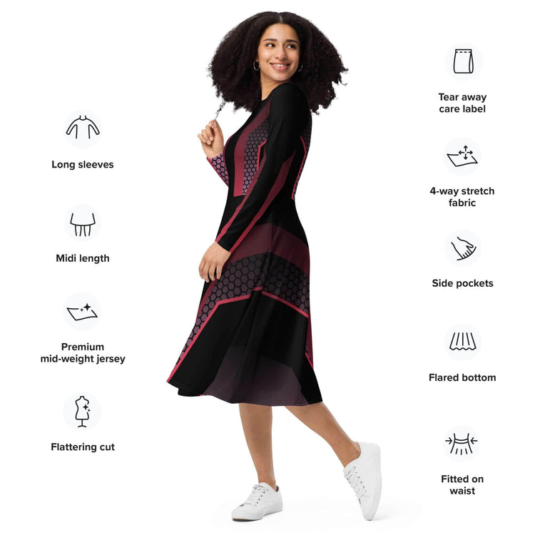 Futuristic midi dress with long sleeves, flattering fit, and side pockets, perfect for bold fashion statements.