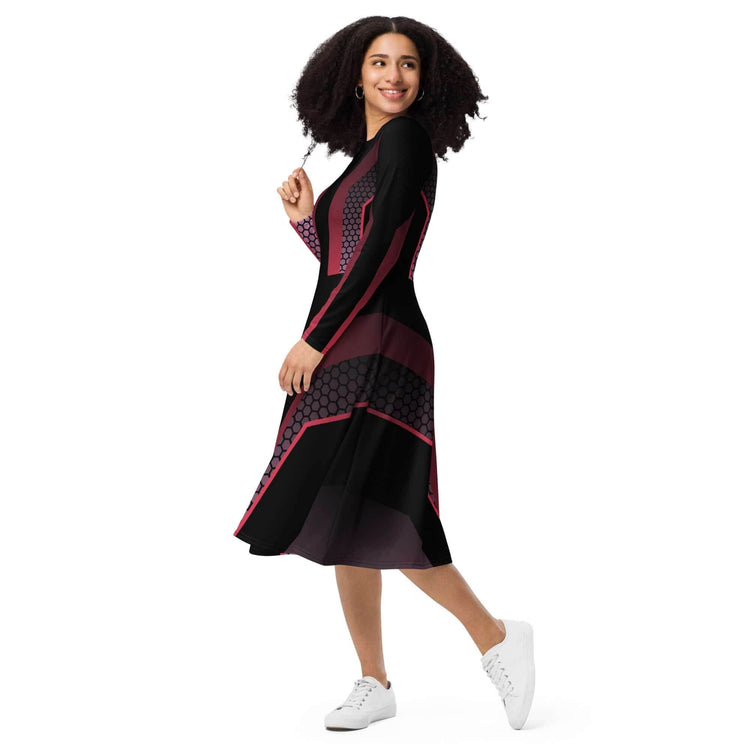 Futuristic midi dress with long sleeves in black and pink, featuring a flared hem and urban design, perfect for bold fashion.