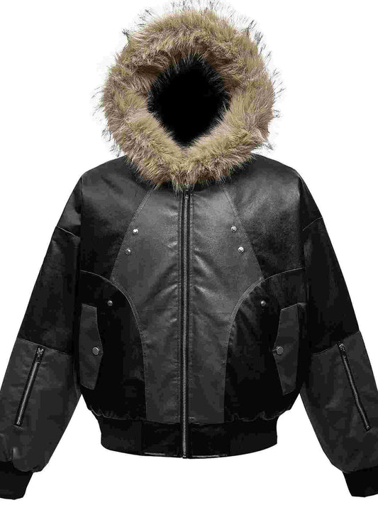 Men's Faux Fur Hooded Contrast Bomber Jacket Trendsi