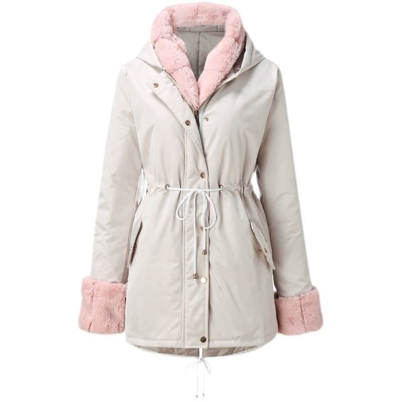Women's Hooded Long-sleeve Warm Zippered Cotton Coat Solid Color Jacket With Removable Fur Collar BadAssWear.fi