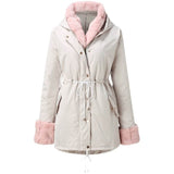 Women's Hooded Long-sleeve Warm Zippered Cotton Coat Solid Color Jacket With Removable Fur Collar BadAssWear.fi
